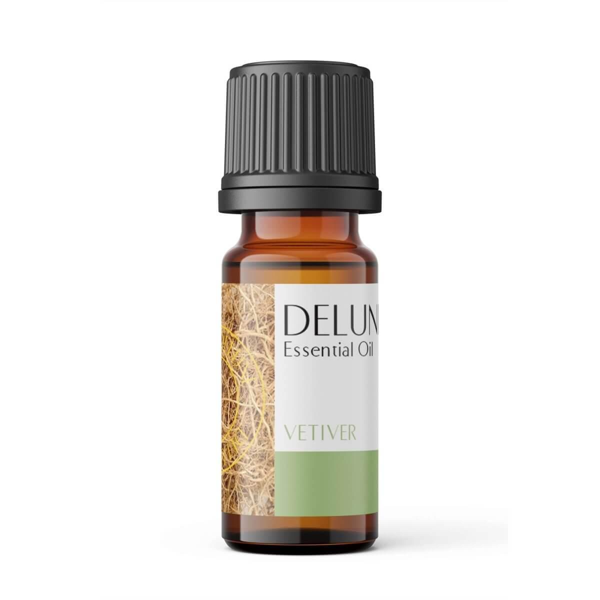 Vetiver Pure Essential Oil bottle with woody, earthy aroma, perfect for calming and grounding during meditation and yoga practices.