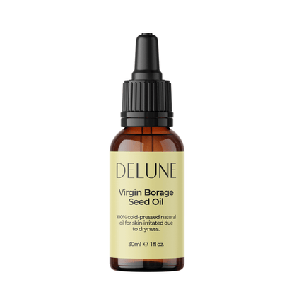 Delune Virgin Borage Seed Oil bottle, 30ml, soothes sensitive skin and reduces redness with high gamma-linolenic acid content.