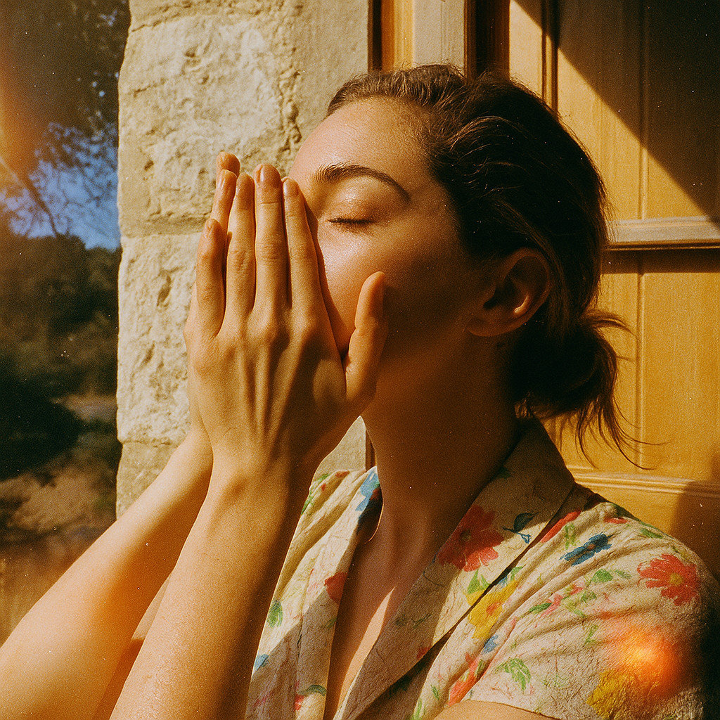 Woman enjoying sunlight in floral shirt with hands on face by wooden door.