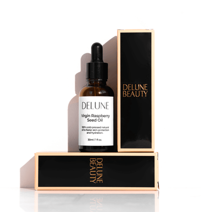 Delune Virgin Raspberry Seed Oil bottle and packaging, 30ml, for skin protection and hydration with Omega 3 and 6 fatty acids.
