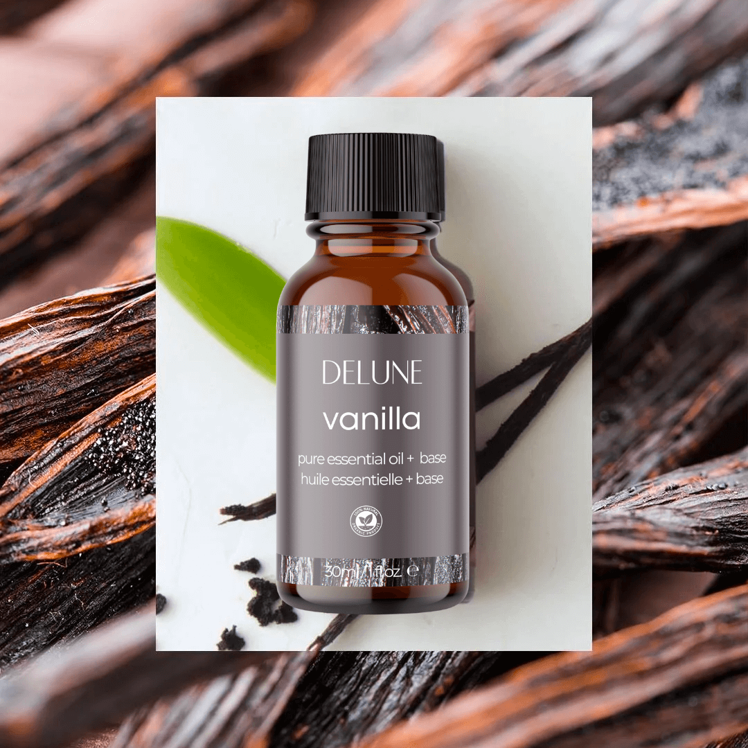 Vanilla essential oil bottle with rich bean background, promoting tranquility and a sweet, calming aroma for body and bath.
