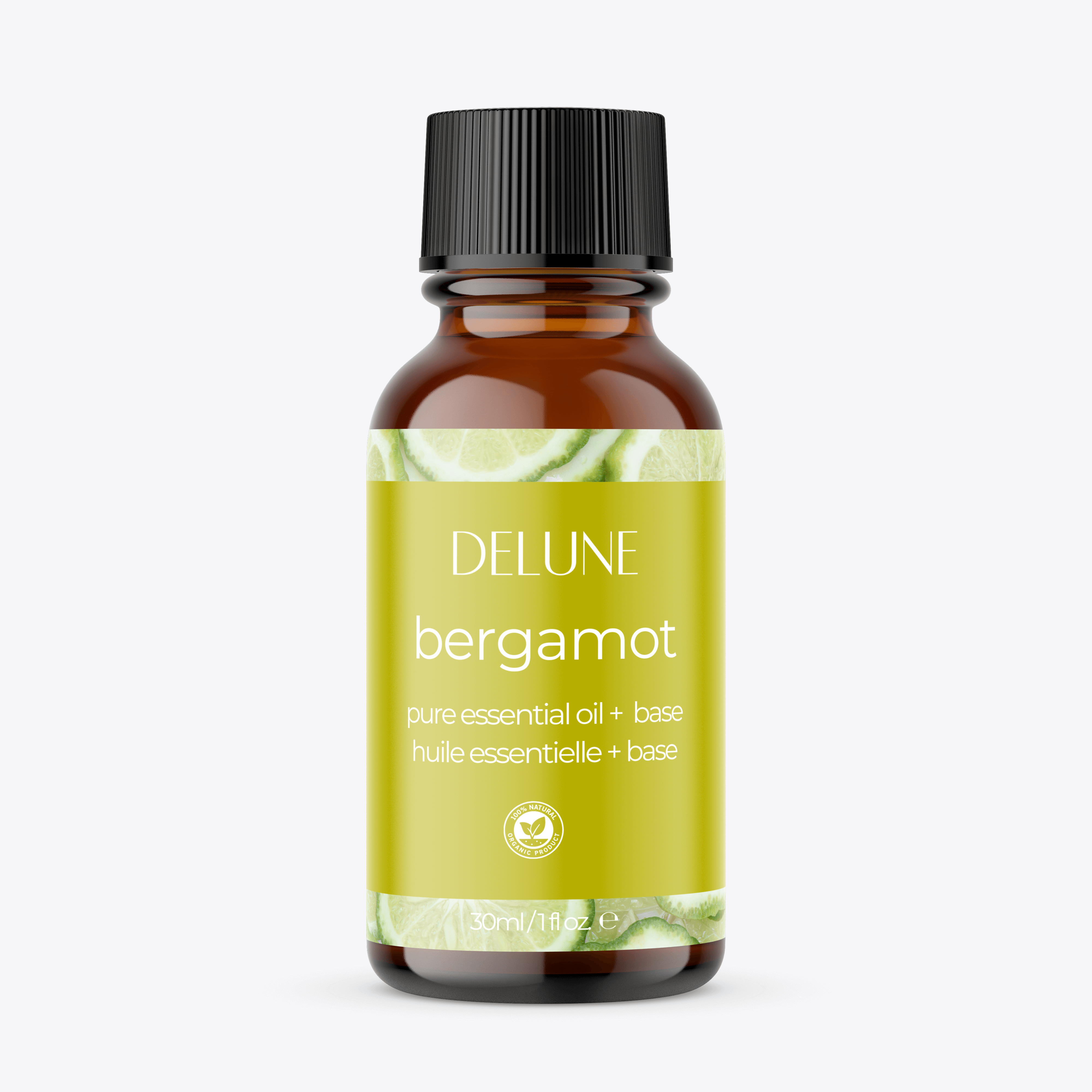 Bergamot essential oil bottle surrounded by fresh citrus slices, ideal for creating uplifting and refreshing aromatic blends.