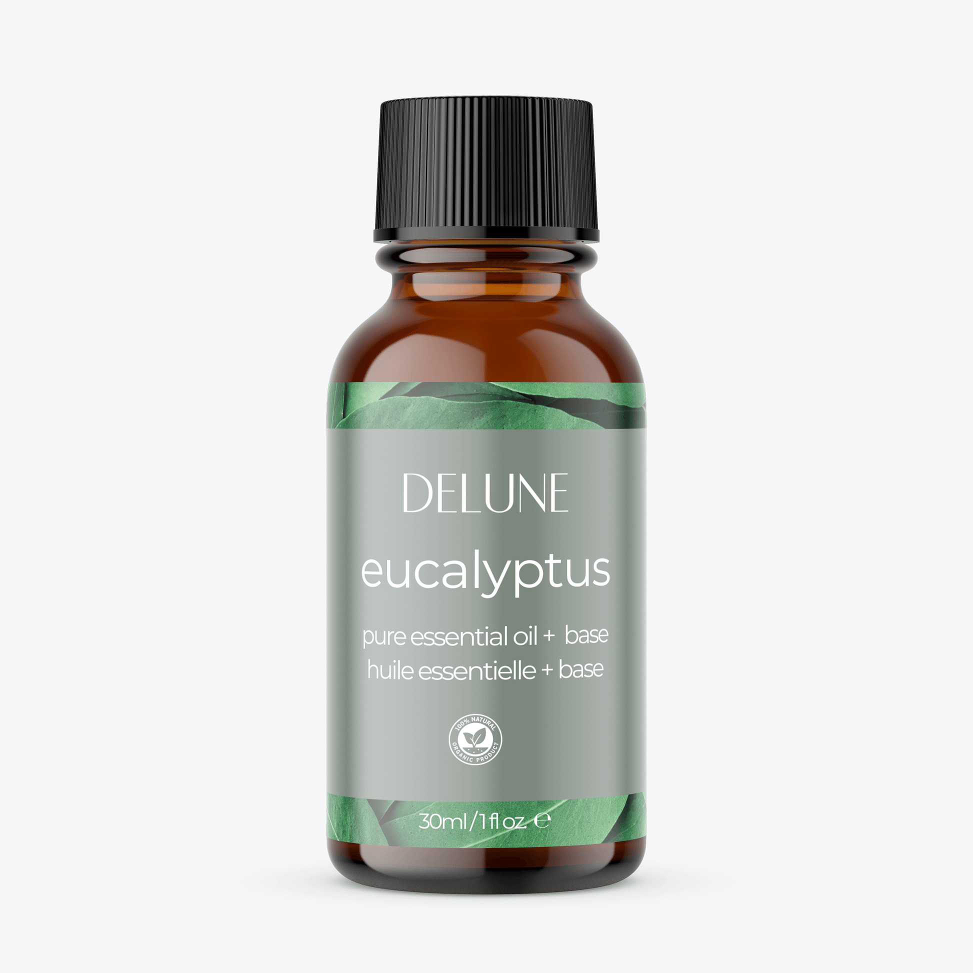 Bottle of Delune Eucalyptus Essential Oil Base, 30ml, for body and bath use, featuring a refreshing herbal aroma with menthol undertones.