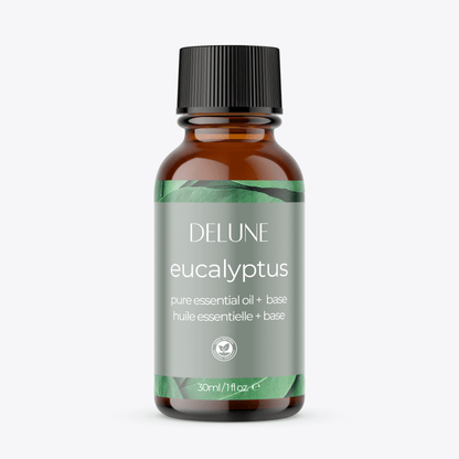Bottle of Delune Eucalyptus Essential Oil Base, 30ml, for body and bath use, featuring a refreshing herbal aroma with menthol undertones.