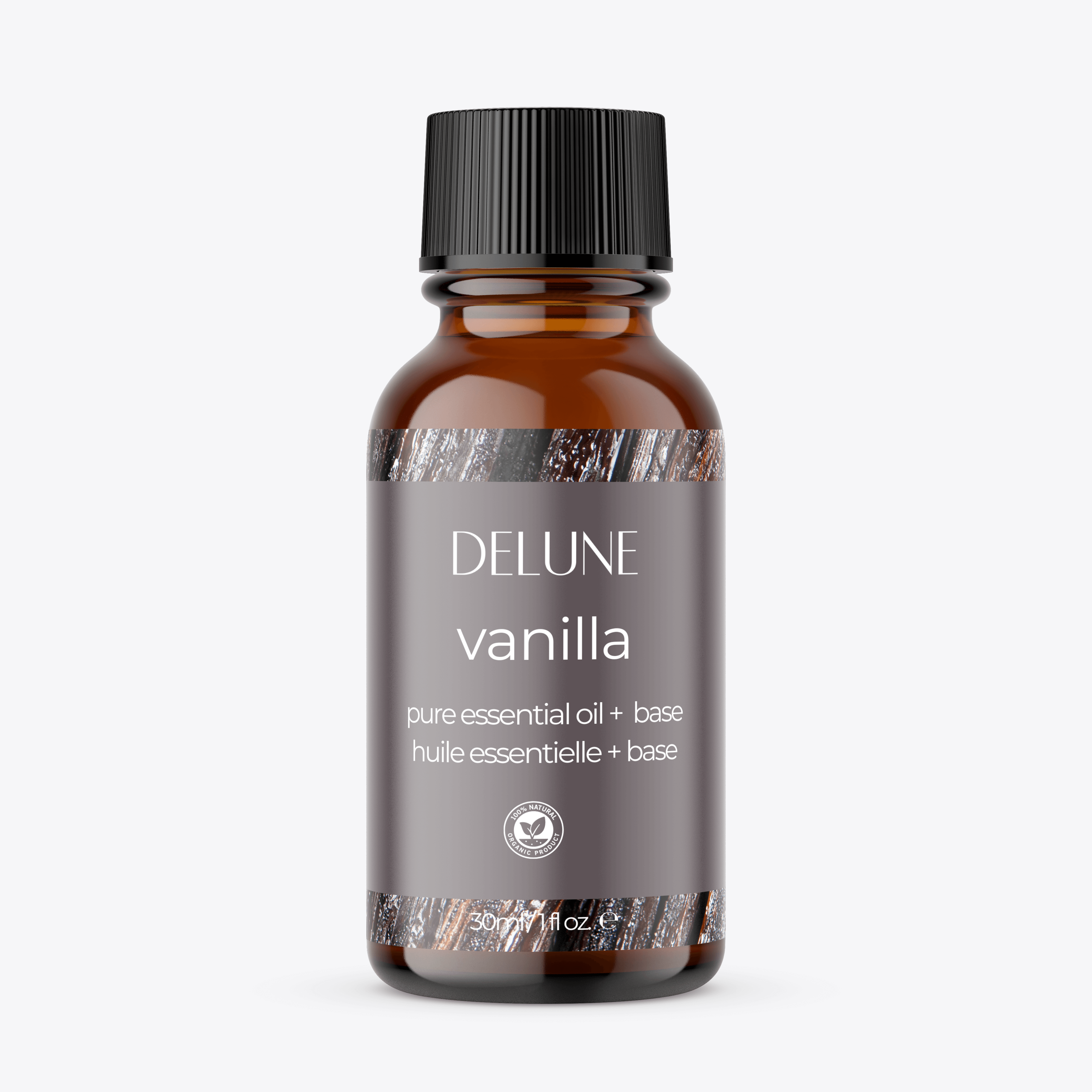 Vanilla essential oil bottle with rich bean background, promoting tranquility and a sweet, calming aroma for body and bath.